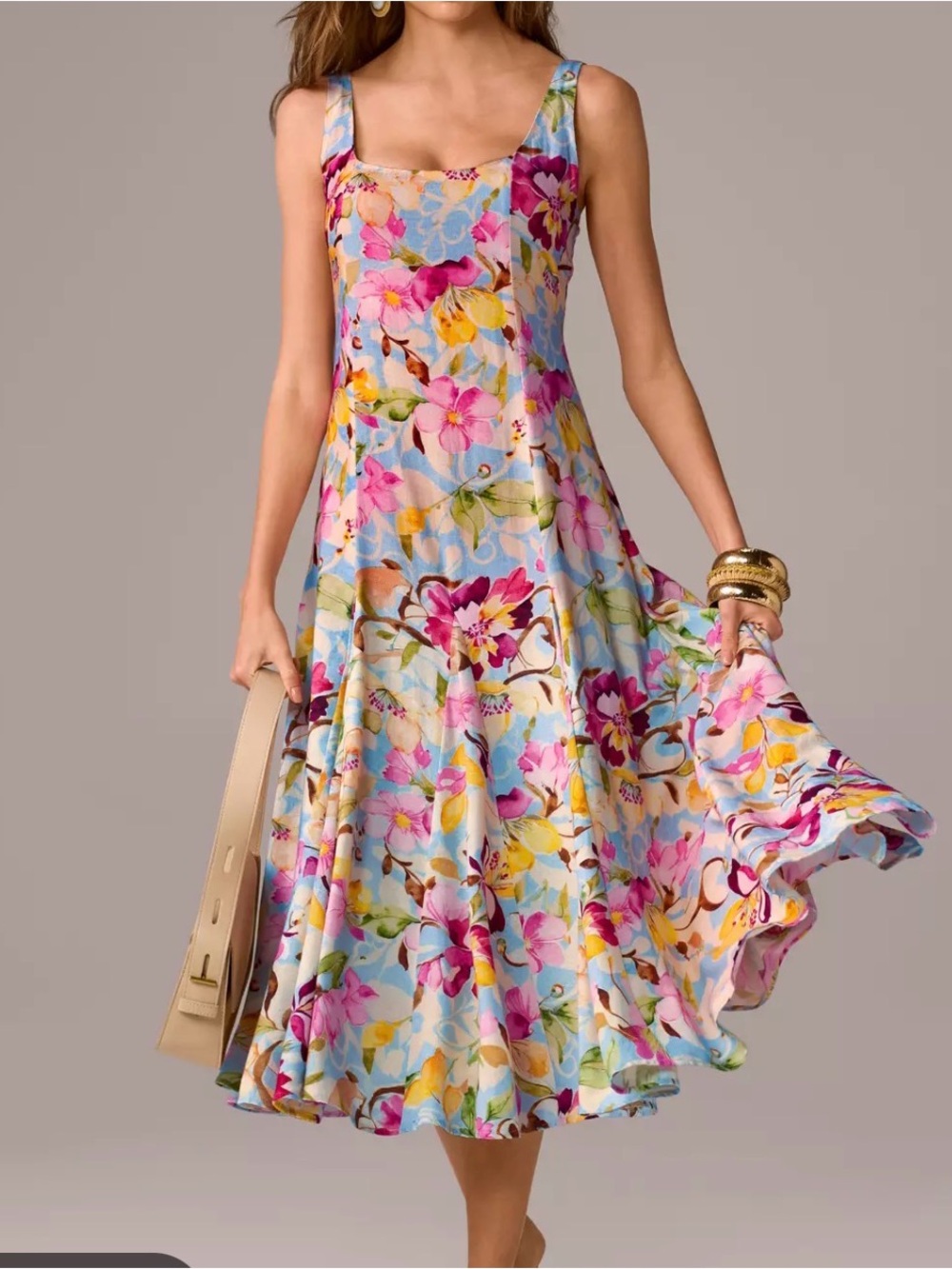 Boston Proper Floral Swirls Printed Midi Sleeveless Square Neck Summer Dress XS